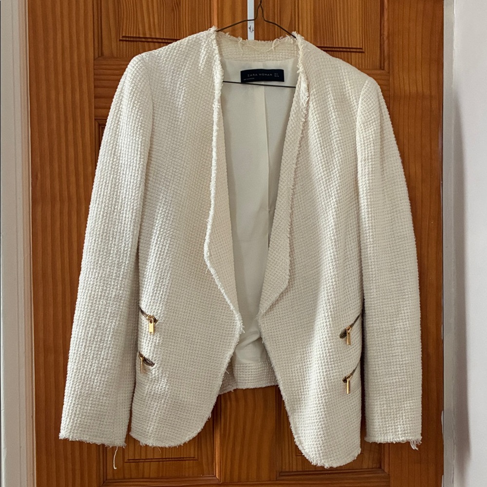 Zara Cream Textured Blazer with Gold Accents